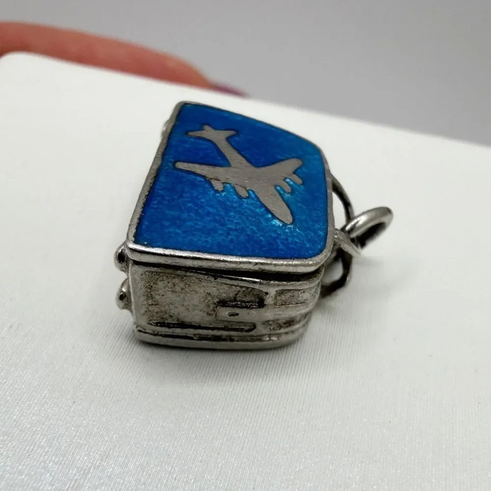 Vintage Sterling Silver and Blue Enamel, airplane‎ suitcase charm/pendant